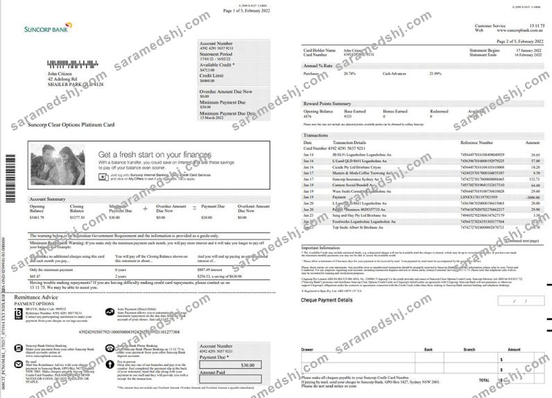Australia Suncorp bank statement 5 pages